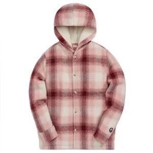 Kith Hooded Ginza French Clay L NWOT Sherpa Lined Plaid  Button Up Jacket Coat